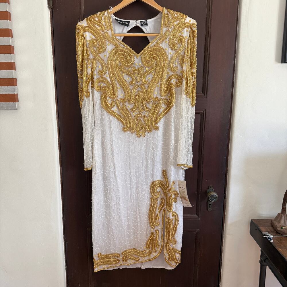 80s Vintage RIGHT CHOICE White and gold Beaded Silk Midi Gown with Slit Large